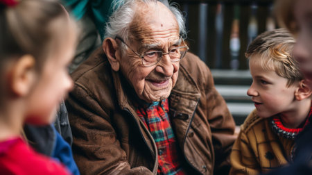 An elderly man sharing stories with young children about his life in a post-war eraの素材