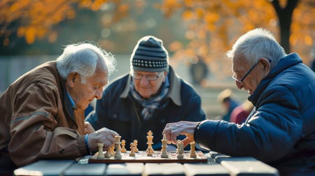 A group of seniors playing chess in a community parkの素材