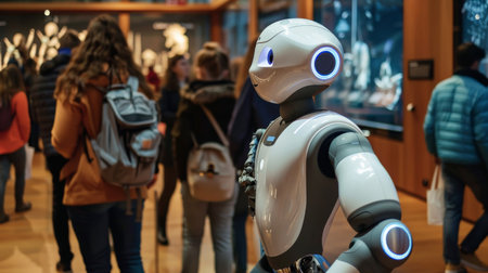 A humanoid robot giving a guided tour of a museum to visitorsの素材