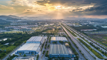 An aerial shot of a smart industrial park, its buildings and infrastructure designed for sustainability and efficiency, serving as a model for the next generation of industrial ecosystems.の素材