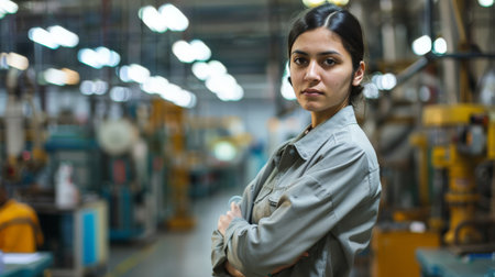 The resilient figure of a female worker on the factory floor, her presence challenging traditional gender roles and celebrating the increasing diversity in the industrial workforce.の素材