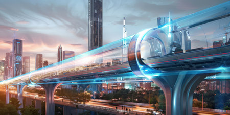 A network of elevated hyperloop tubes crisscrossing above a metropolitan skyline, with capsules whizzing by at breathtaking speeds, connecting distant parts of the city in minutes.の素材