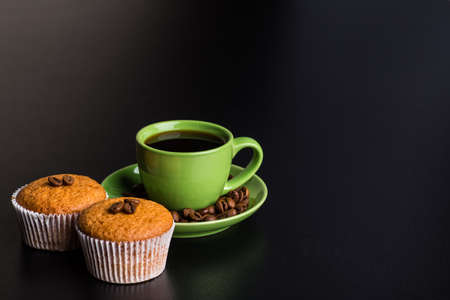 Black coffee, still life with cup and coffee beans.の写真素材
