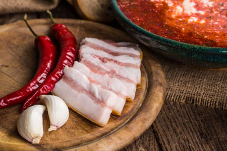 Ukrainian beetroot soup - borscht, on napkin, on wooden backgroundの写真素材