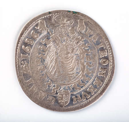 Antique silver Polish coin. King Sigismund III Vasa. Obverse. Isolated on whiteの写真素材