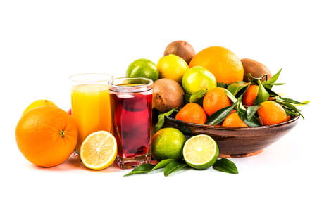 Fresh fruits and berries isolated on whiteの写真素材