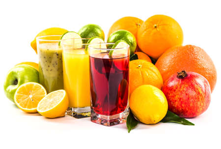 Fresh fruits and berries isolated on whiteの写真素材