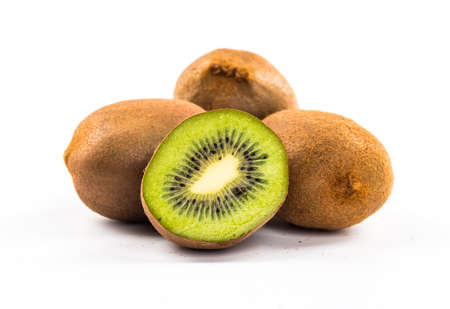 Kiwi cut segments on a white backgroundの写真素材