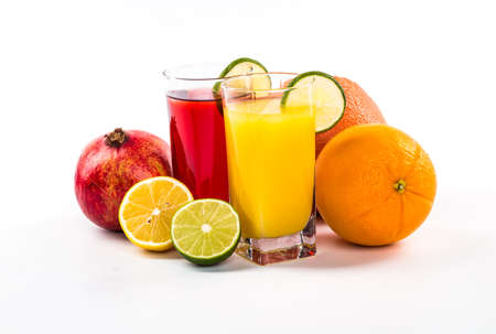 Fresh fruits and juice isolated on white backgroundの写真素材