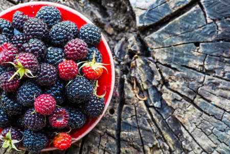 raspberries in a bowl on a wooden background