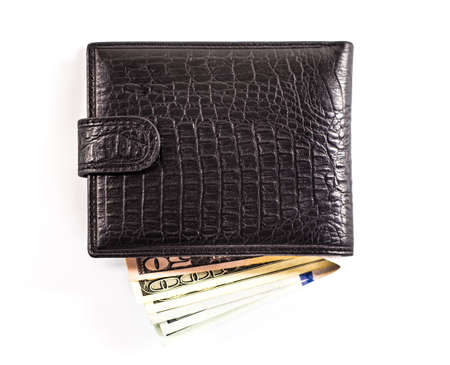 men's black wallet money in cash white background