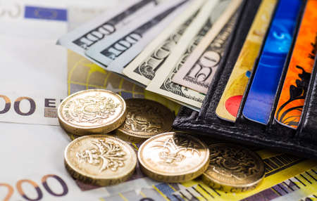 leather wallet with credit and discount cards, with money