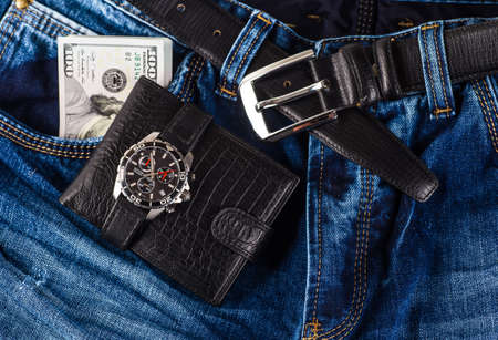 Men fashion and accessories, Wrist watch leather strap, Wallet, Belt.の写真素材