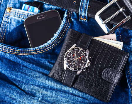 Men fashion and accessories, Wrist watch leather strap, Wallet, Belt.の写真素材