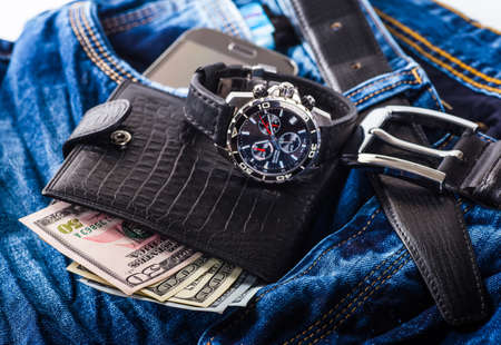 Men fashion and accessories, Wrist watch leather strap, Wallet, Belt.の写真素材