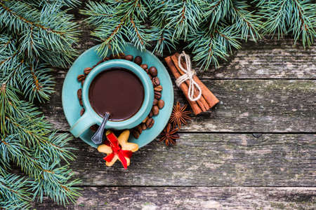 Christmas background with fir tree, hot chocolate. Top view.の写真素材