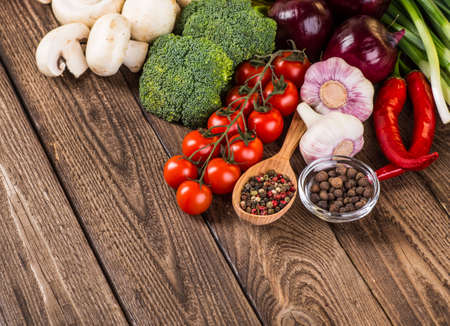 Vegetables on wood. Bio Healthy food, herbs and spices.の写真素材