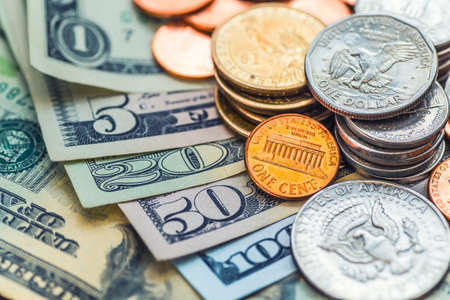 Still Life with cash dollars and cents US.の写真素材