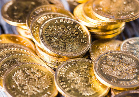 Gold towers made out of gold coins.Five rubles Nicholas II.の写真素材