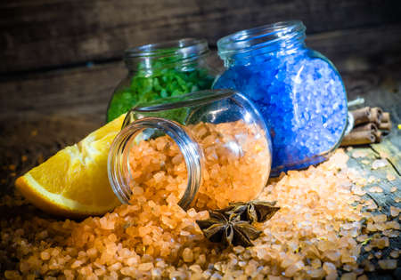 Blue bath salts in a glass jar, rustic style.の写真素材