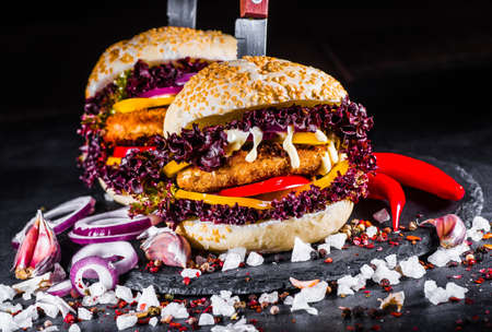 Delicious hamburgers with on dark backgroundの写真素材