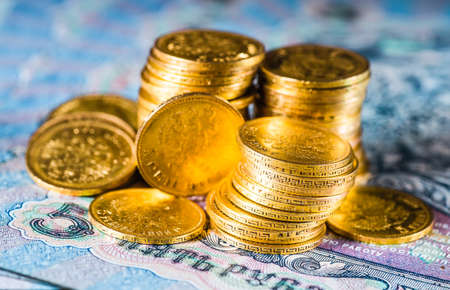 Gold towers made out of gold coins.Five rubles Nicholas II.の写真素材