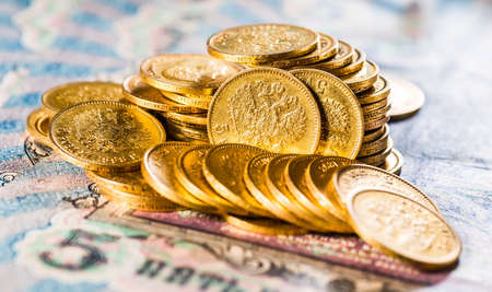Gold towers made out of gold coins.Five rubles Nicholas II.の写真素材