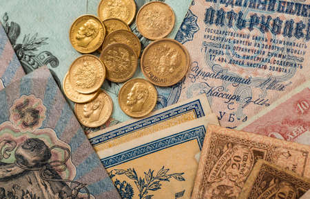 Gold towers made out of gold coins.Five rubles Nicholas II.の写真素材