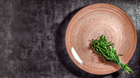 Empty plate on cement background. Top view with clipping pathの写真素材