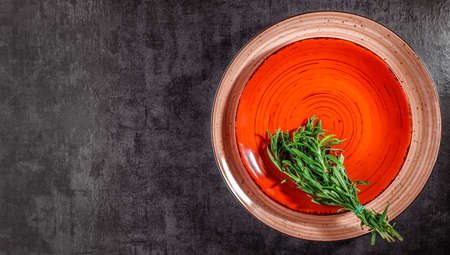 Empty plate on cement background. Top view with clipping pathの写真素材