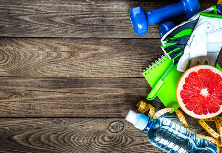 Healthy eating ,Workout and fitness dieting ,fitness and weight loss concept, fruit, Vegetable and water bottle.の写真素材