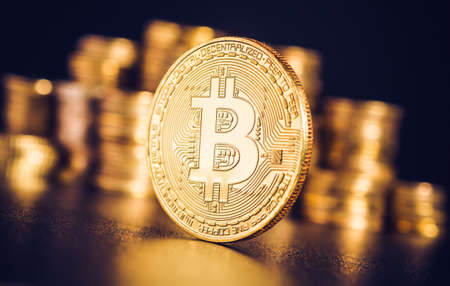 Bitcoin. Crypto currency Gold Bitcoin, BTC, Bit Coin. Macro shot of Bitcoin coins isolated on black background Blockchain technology,の写真素材