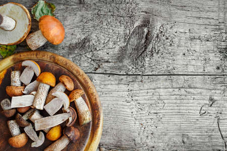 Fresh mixed forest mushrooms on the wooden black table, top view. Copy spaceの写真素材