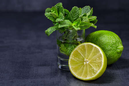 Fresh mint, lime and ice on a black background. Ingredient for mahitoの写真素材