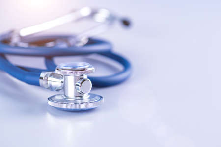Medical concept image. Stethoscope on white background close up.A lot copy space around the product.Blue stethoscope.Healthcare.の写真素材