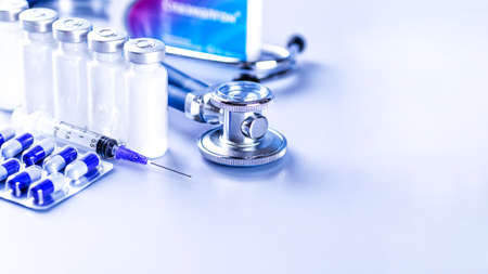 Drug prescription for treatment medication. Pharmaceutical medicament, cure in container for health....