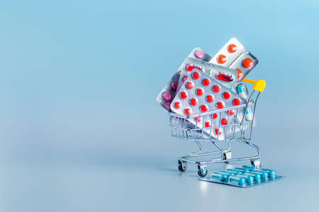 Drug prescription for treatment medication. Pharmaceutical medicament, cure in container for health. Pharmacy theme, capsule pills with medicine antibiotic in packages.の写真素材