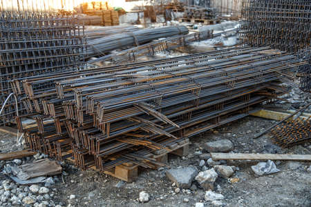 Industrial background. Preparation for pouring concrete. Construction of buildings of reinforced concrete.steel reinforcement bar texture in construction site,Closeup of Steel rebarsの写真素材