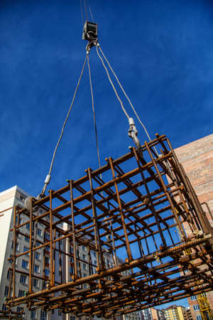 Industrial background. Preparation for pouring concrete. Construction of buildings of reinforced...