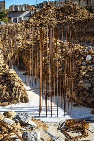 Industrial background. Preparation for pouring concrete. Construction of buildings of reinforced...