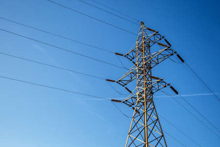 High-voltage power lines.Electricity pylon.Power Tower.Distribution electric substation with power...