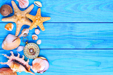 Summer time concept Flat lay composition with beautiful starfish and sea shells on blue wooden table, space for text,Sea shellsの写真素材