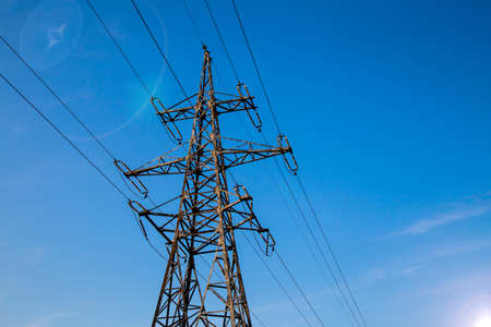 High-voltage power lines.Electricity pylon.Power Tower.Distribution electric substation with power...