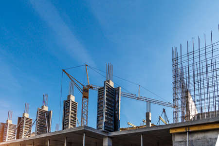 Building construction on monolithic technology. Concrete frame of the building.Formwork for pouring...