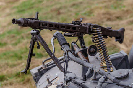Machine gun of the German Army Wehrmacht MG-42 mounted on a motorcycle cradle,German machine gun of...