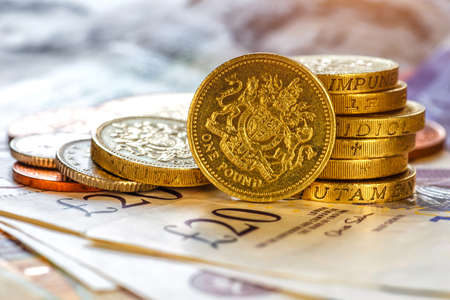 British coins stack on black, pound sterling,Business conceptの写真素材