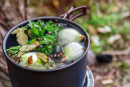 Tourist portable gas stove for preparing hot dishes and tea in the fresh air.Fishing adventures,...
