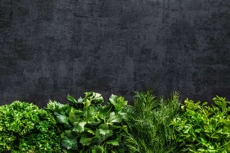 Fresh green rosemary, parsley and dill on the table. Top view.indispensable source of vitamins A, C, K, B1, B2, PP, E, Cの写真素材