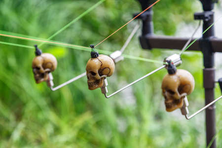 Fishing adventures, Carp rods with skull-shaped bite indicators mounted on a rod by a lake...