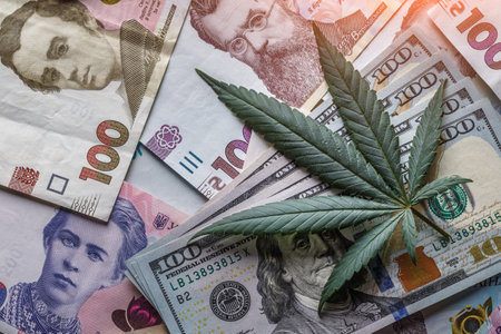 Ukrainian money - hryvnia banknotes USA dollars bills.Legality of cannabis, legal and illegal cannabis on the world. World economic crisis associated with coronovirus.の写真素材